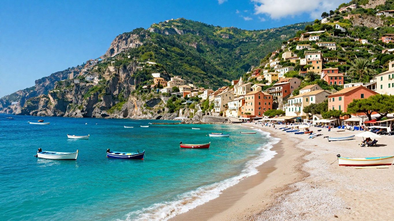 Scenic Italian West Coast with turquoise water and villages.