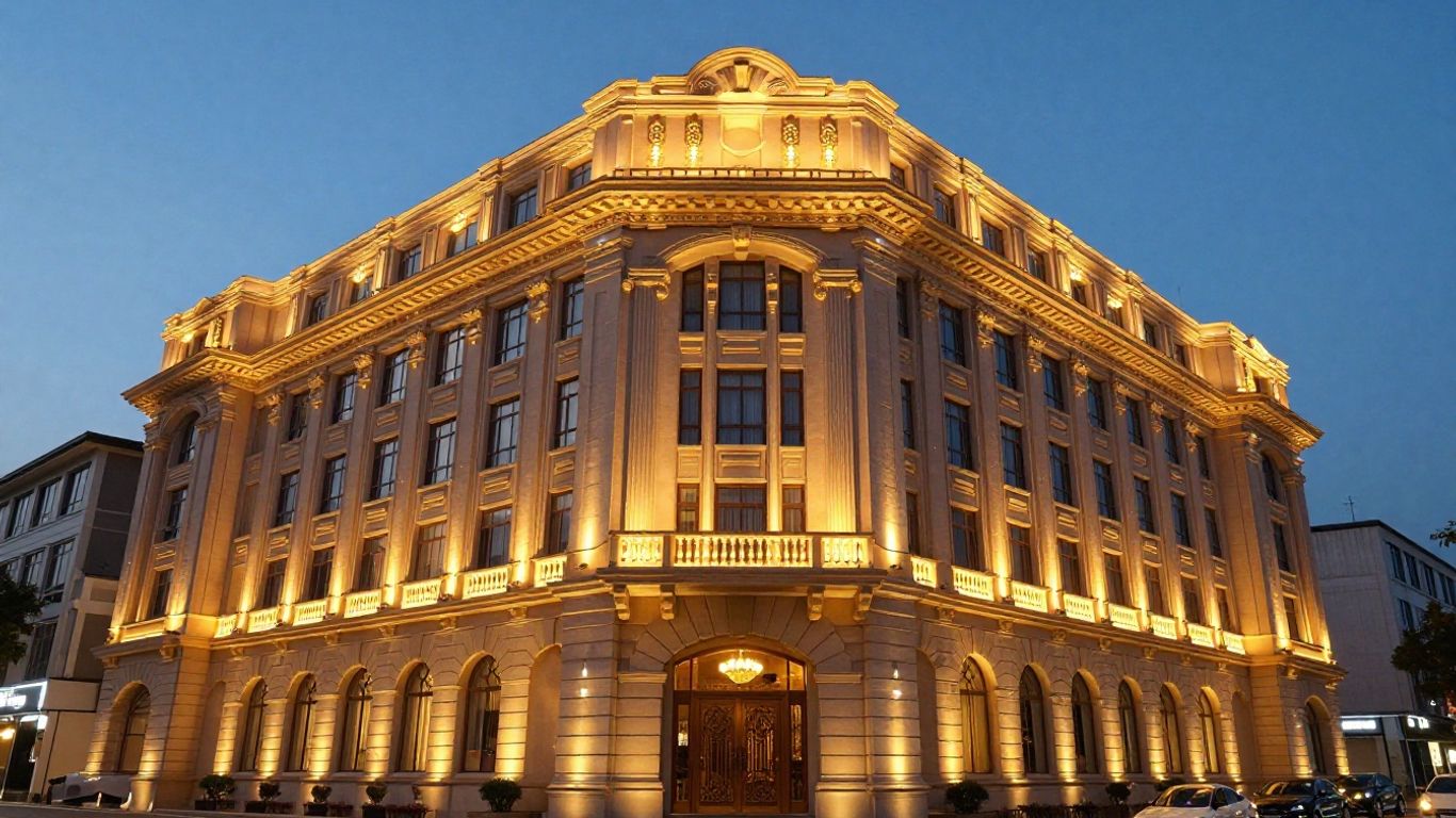 Davenport Hotel exterior illuminated by warm LED lights.