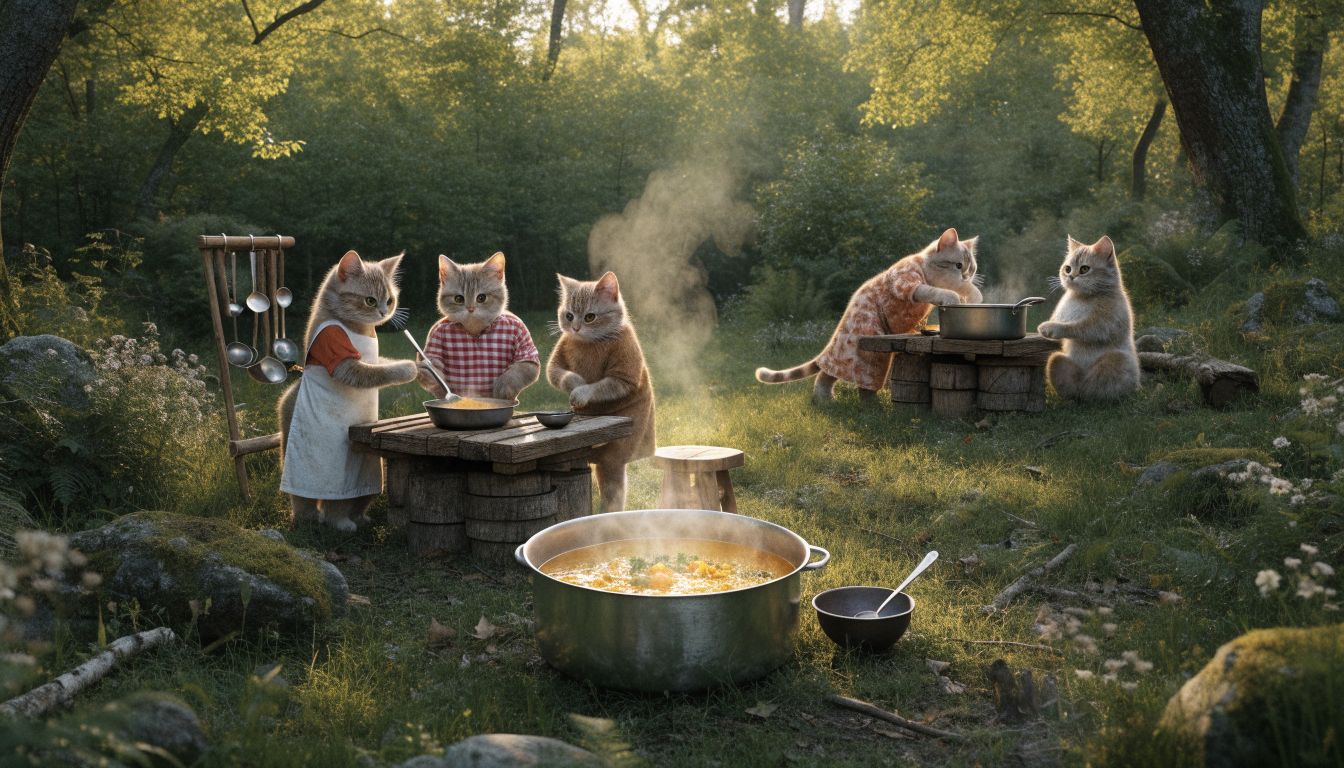 Gatinhos cozinham sopa em uma clareira aconchegante, cercados por árvores e pequenas estações de preparo
