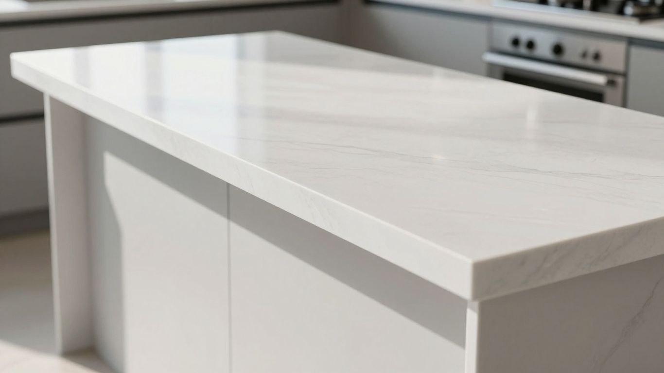 Modern kitchen island with white quartz countertops