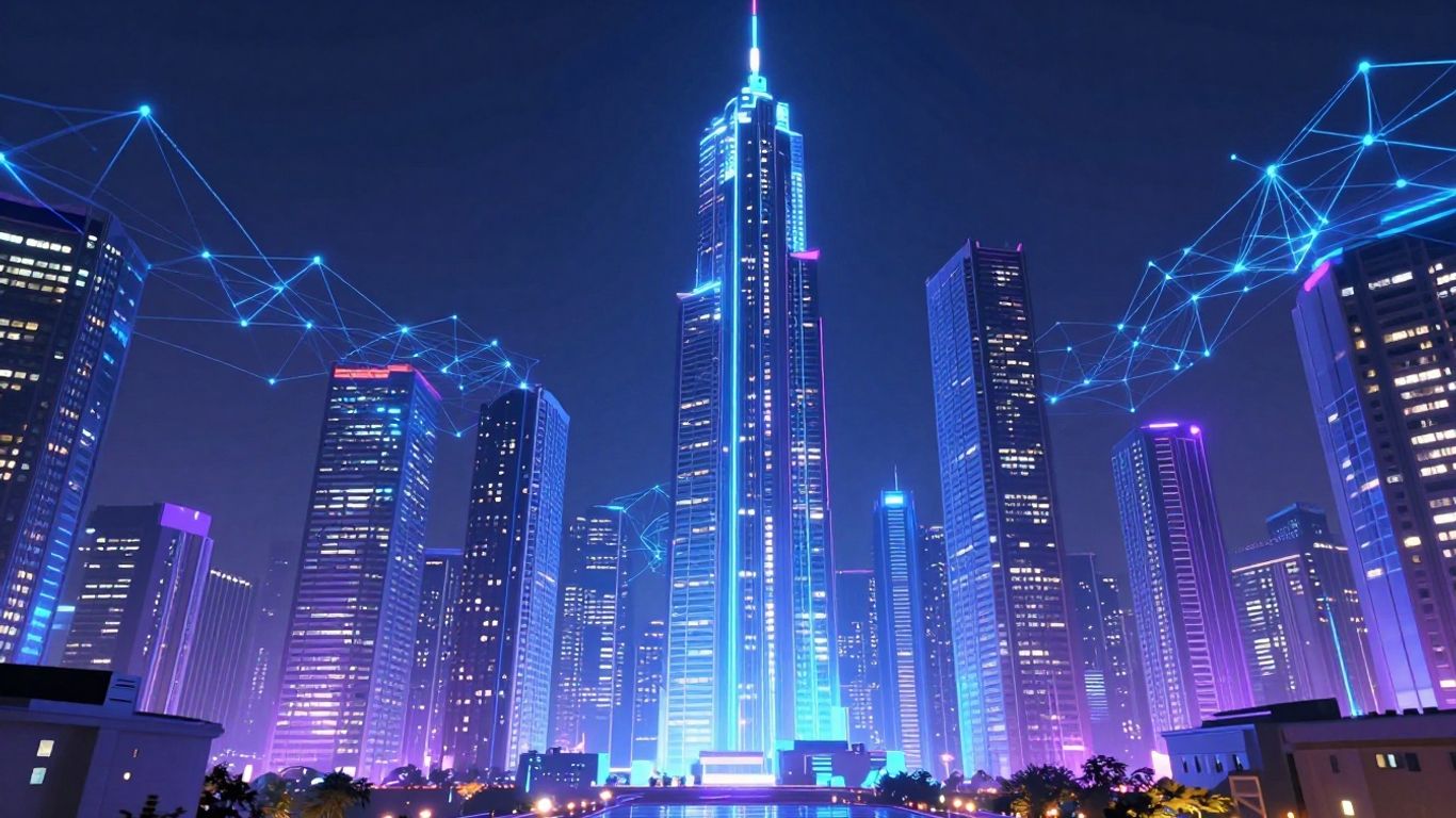 Futuristic cityscape with glowing AI neural network patterns.