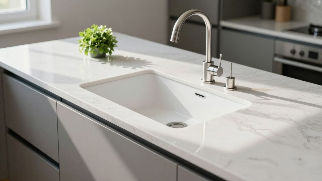 Modern kitchen with white quartz worktop