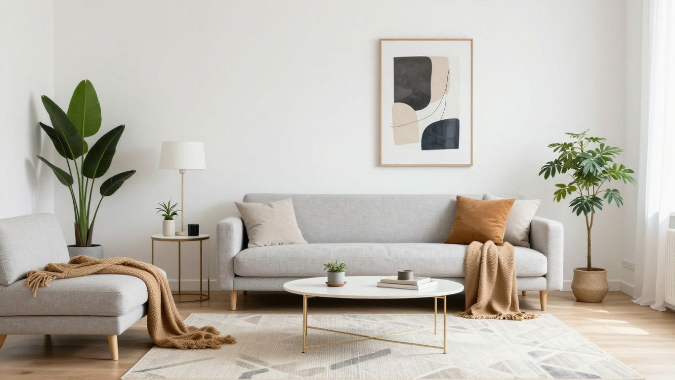 Modern living room with minimalist furniture and natural light.