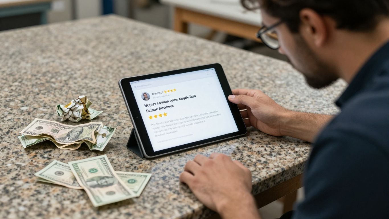 Countertop shop owner stressed by negative online review.