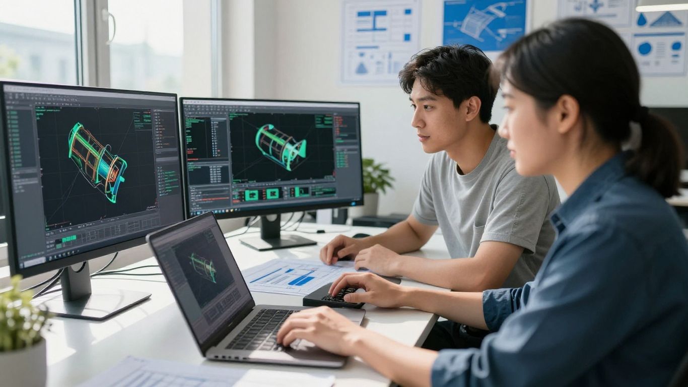 Engineers collaborating on SolidWorks CAD models in an office.