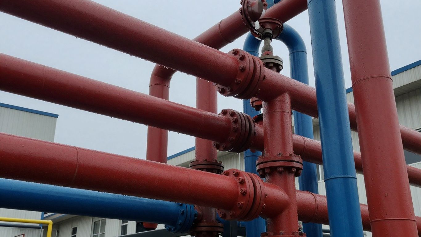 Rohrleitungen eines Fernwärmenetzes vor industrieller Kulisse.