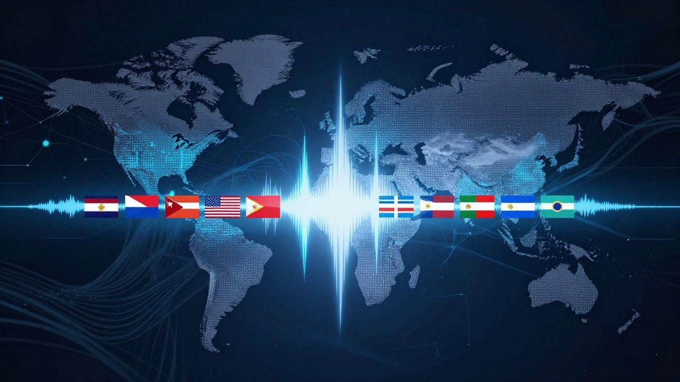 Global flags emerging from sound waves with AI glow.