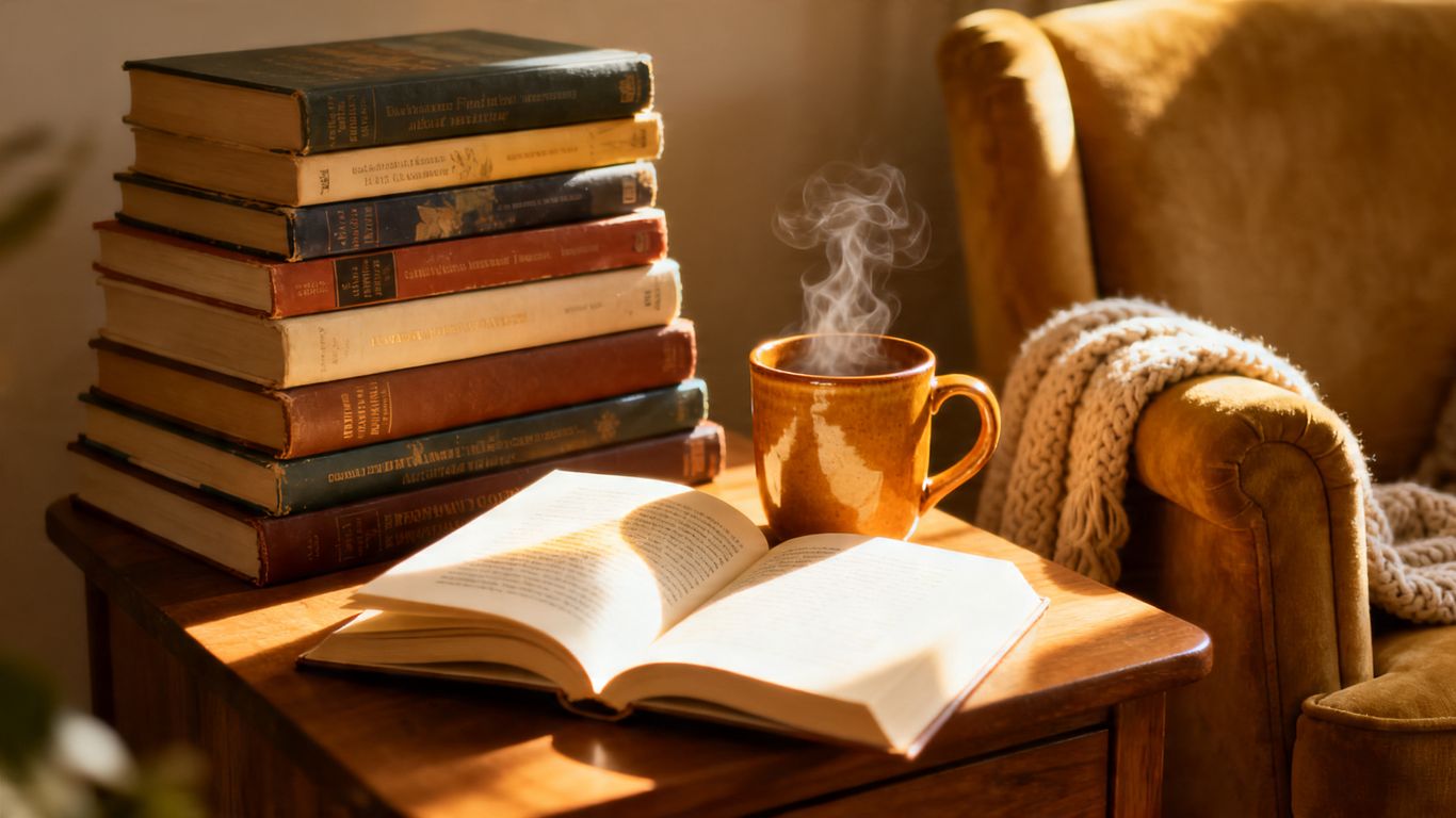 Cozy reading nook with books and sunlight.
