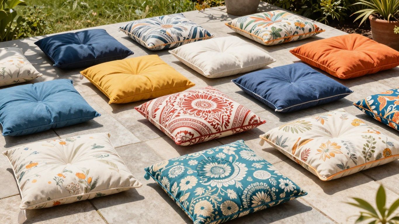 Colorful patio cushions arranged for outdoor furniture.