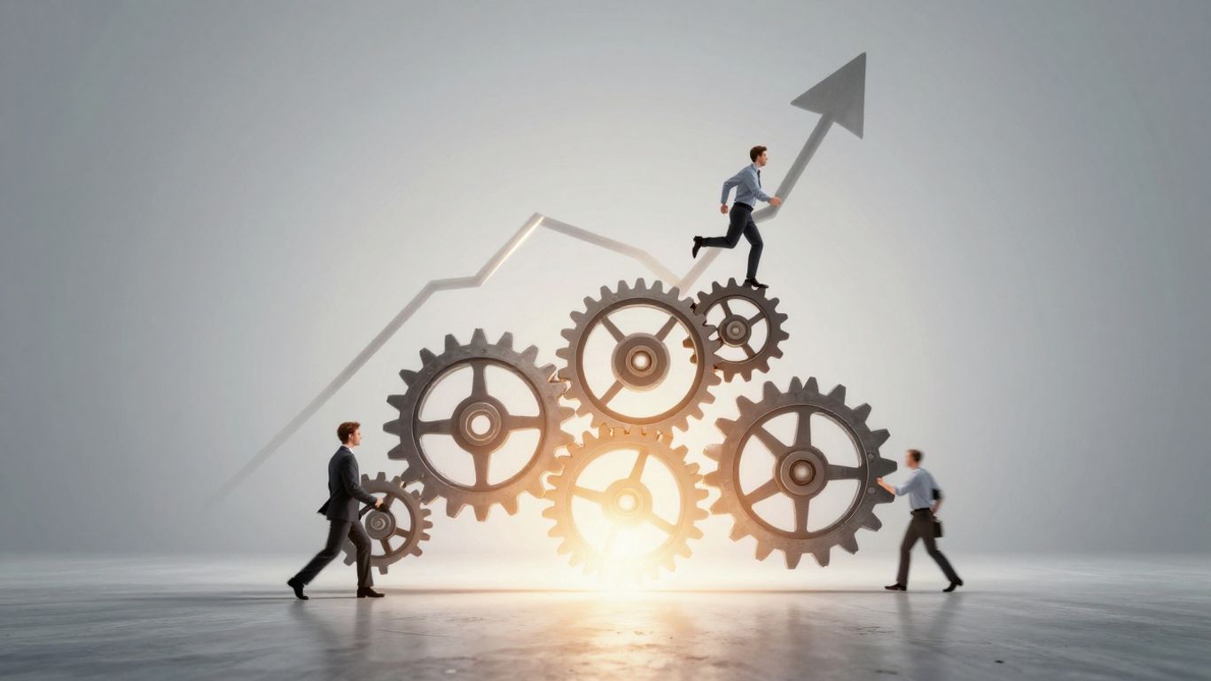 Interconnected gears with upward light trails symbolizing business growth.