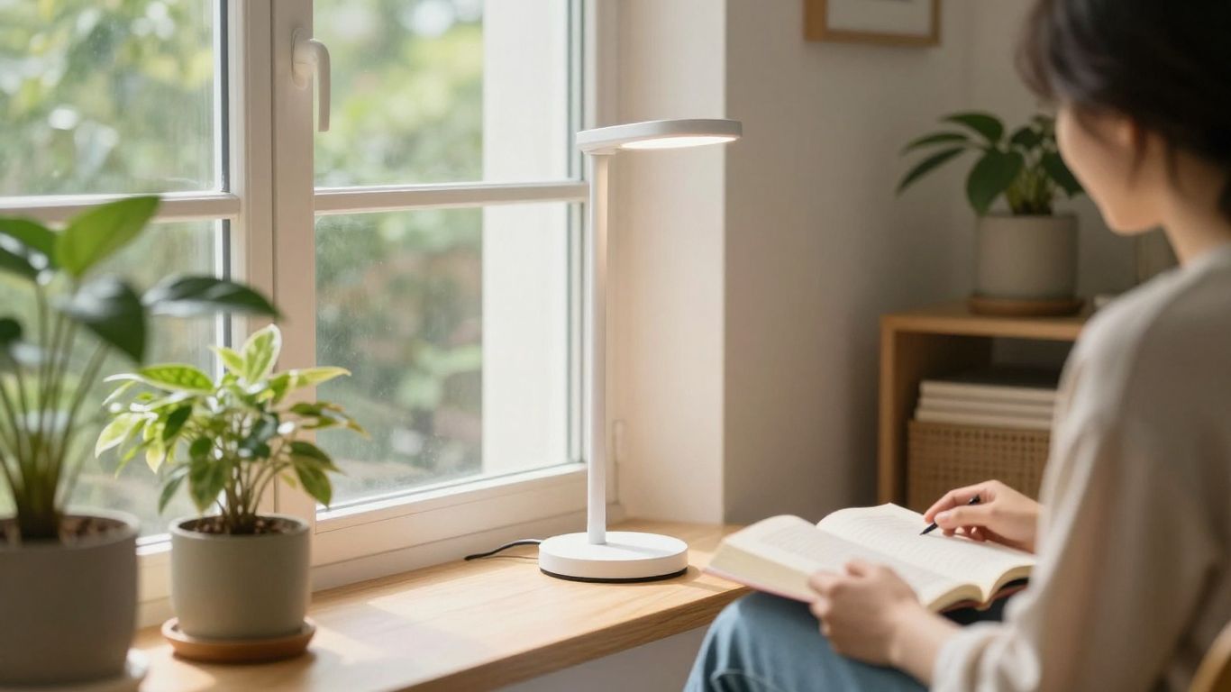 Tageslichtlampe im Wohnzimmer mit natürlichem Licht und Person