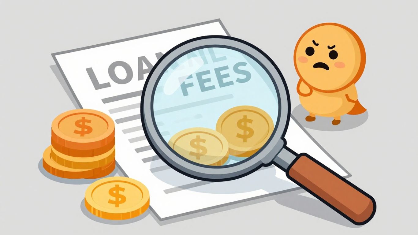 Magnifying glass over loan document and coins.