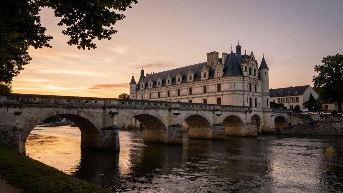 Golden sunset over Chenonceau with river reflections