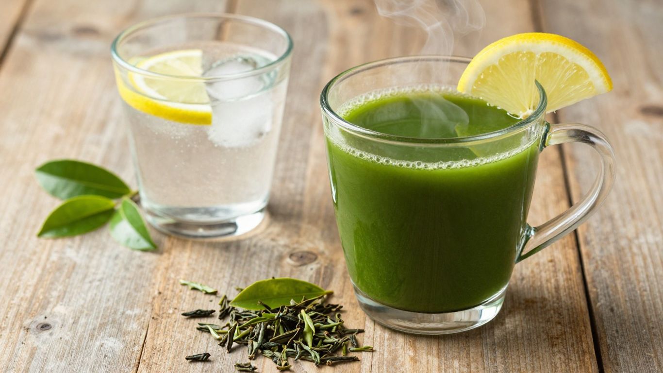 Matcha tea and a glass of water with lemon.