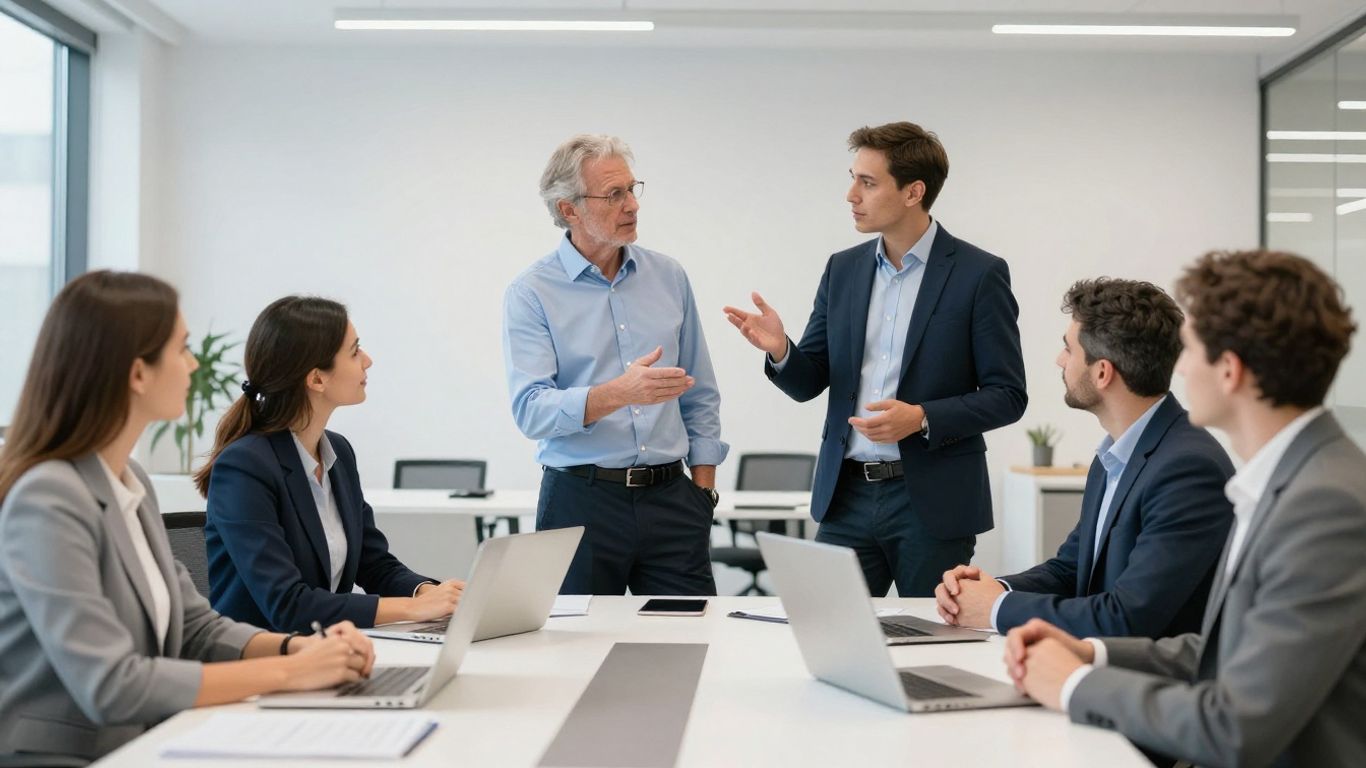 Menschen im Büro, die sich über Zeitarbeit unterhalten.
