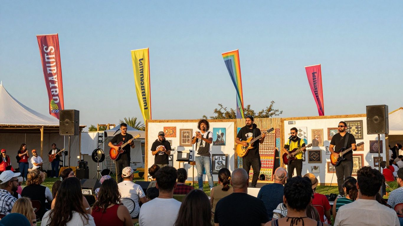 Oameni bucurându-se de un festival cultural în aer liber.