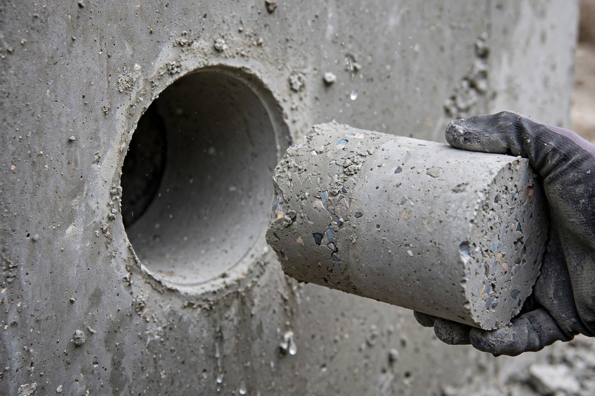 A clean concrete core being removed from a wall after a diamond core drill has cut a precise circular opening