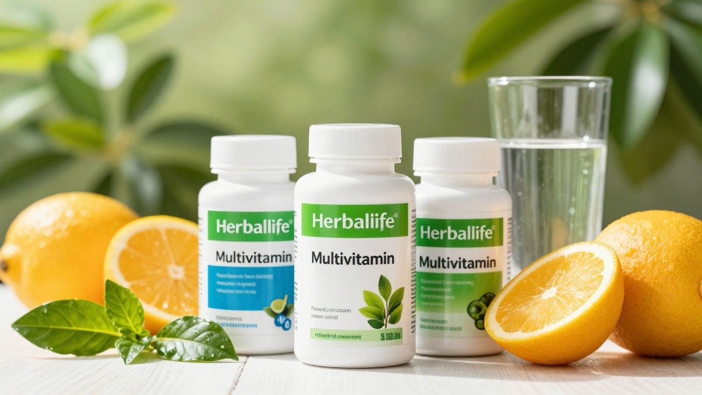 Herbalife multivitamins with fruits and greens on table.