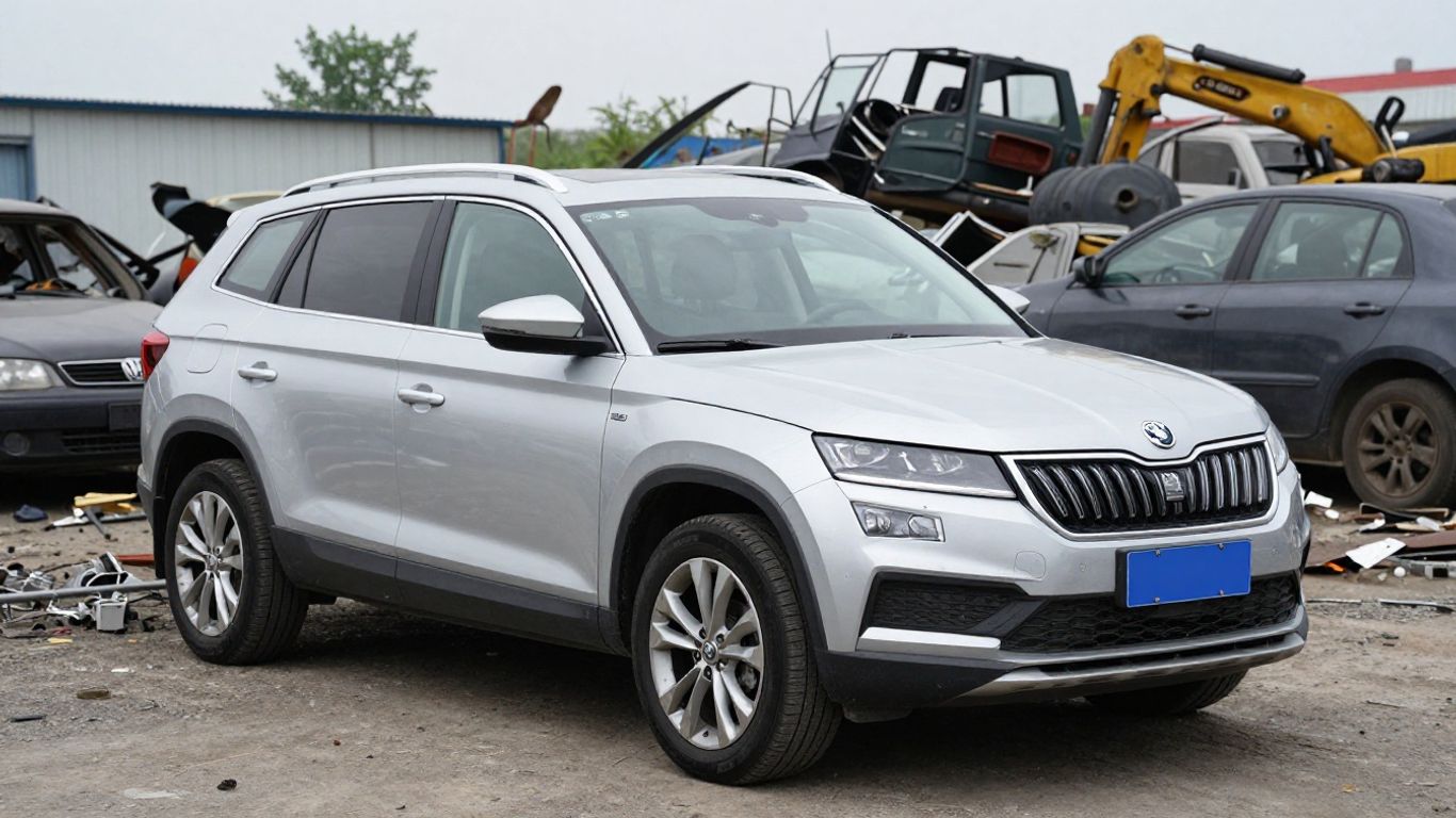 Skoda Kodiaq car parts in a recycling yard.