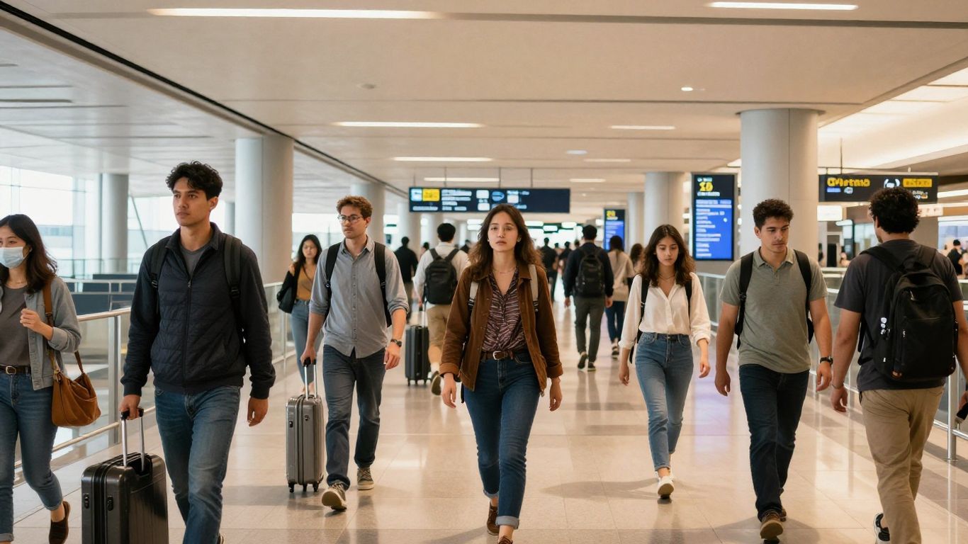 A diverse group of travelers at an airport terminal