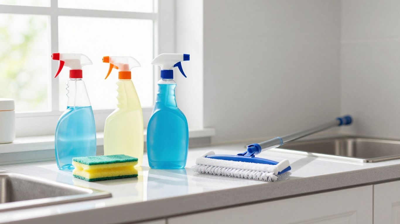 Sparkling clean kitchen with organized cleaning supplies.