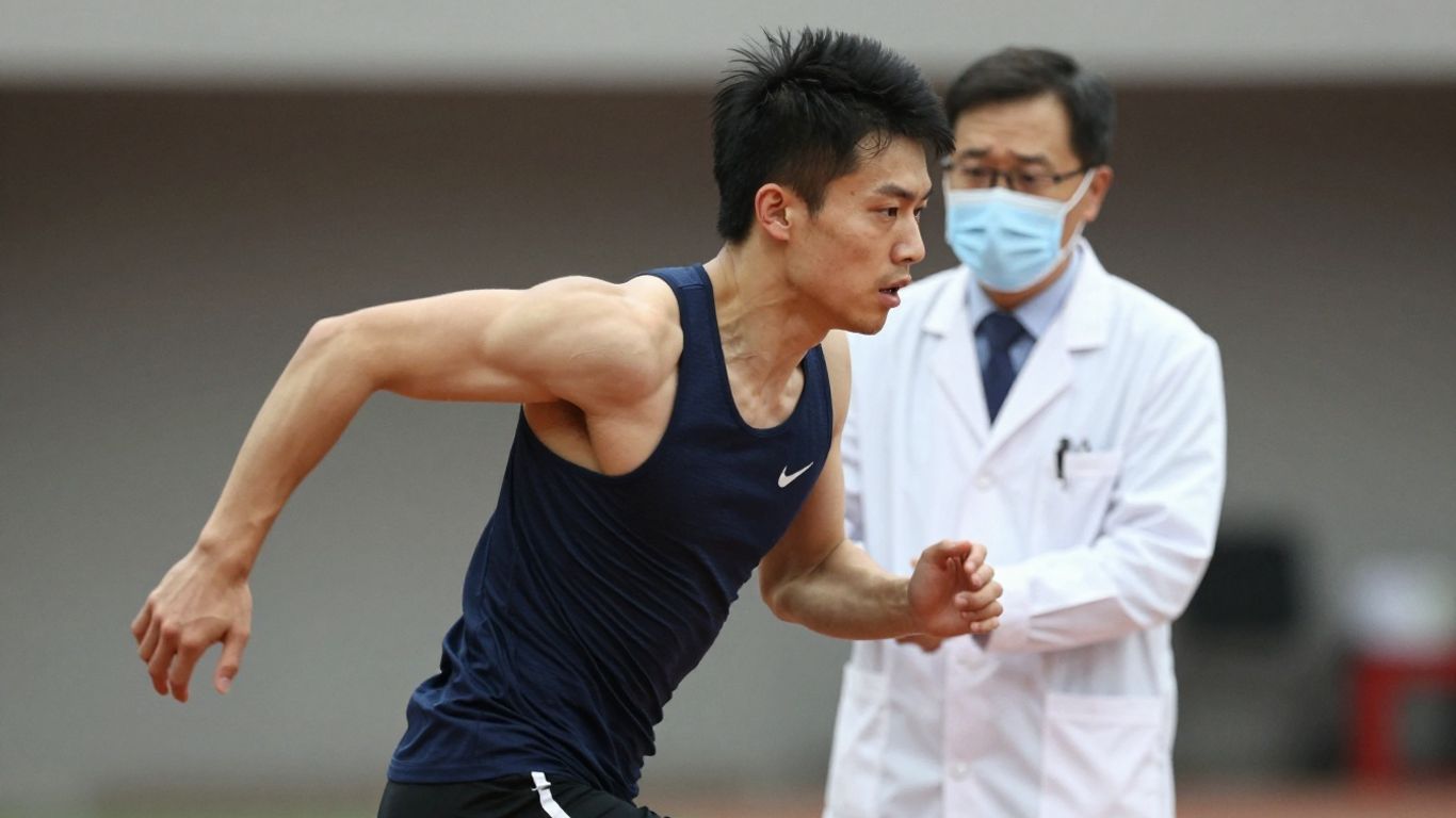 Atleta e médico esportivo em ação.