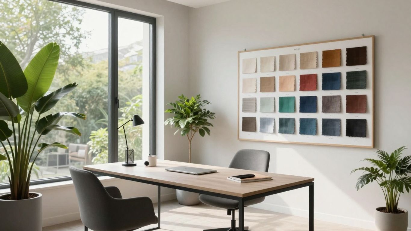 Home office interior with desk, plants, and mood board.