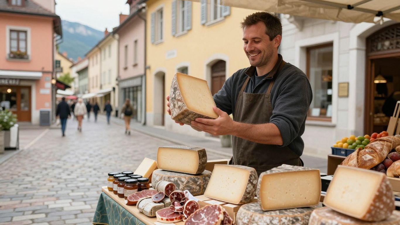 Vendor selecting authentic Savoyard market foods