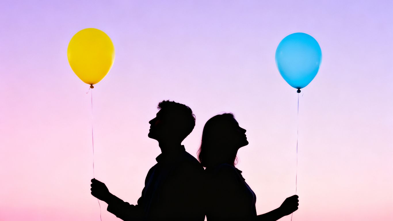 Couple holding separate balloons, maintaining individuality.
