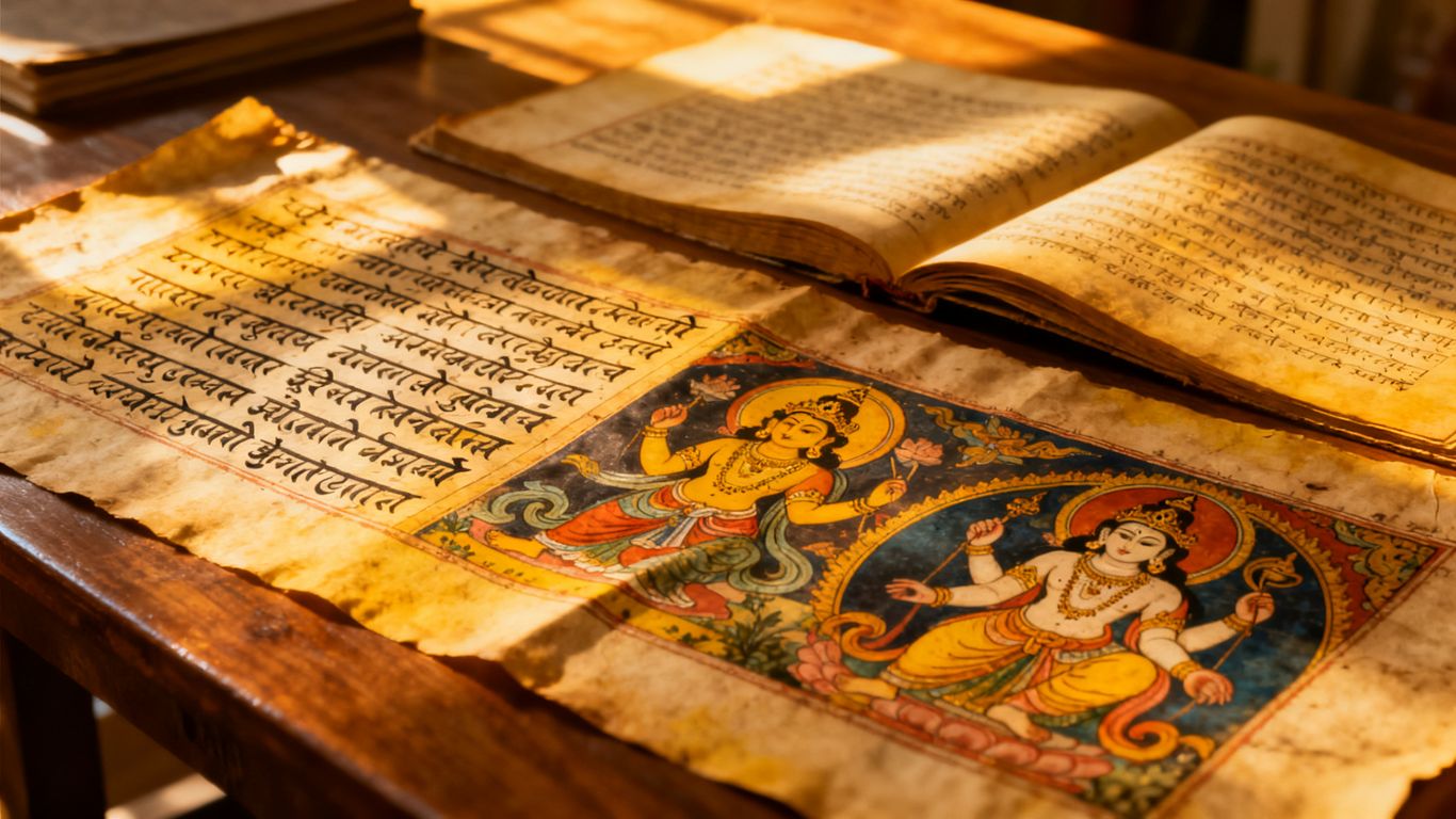 Indian mythological poetry manuscript with calligraphy and illustrations.