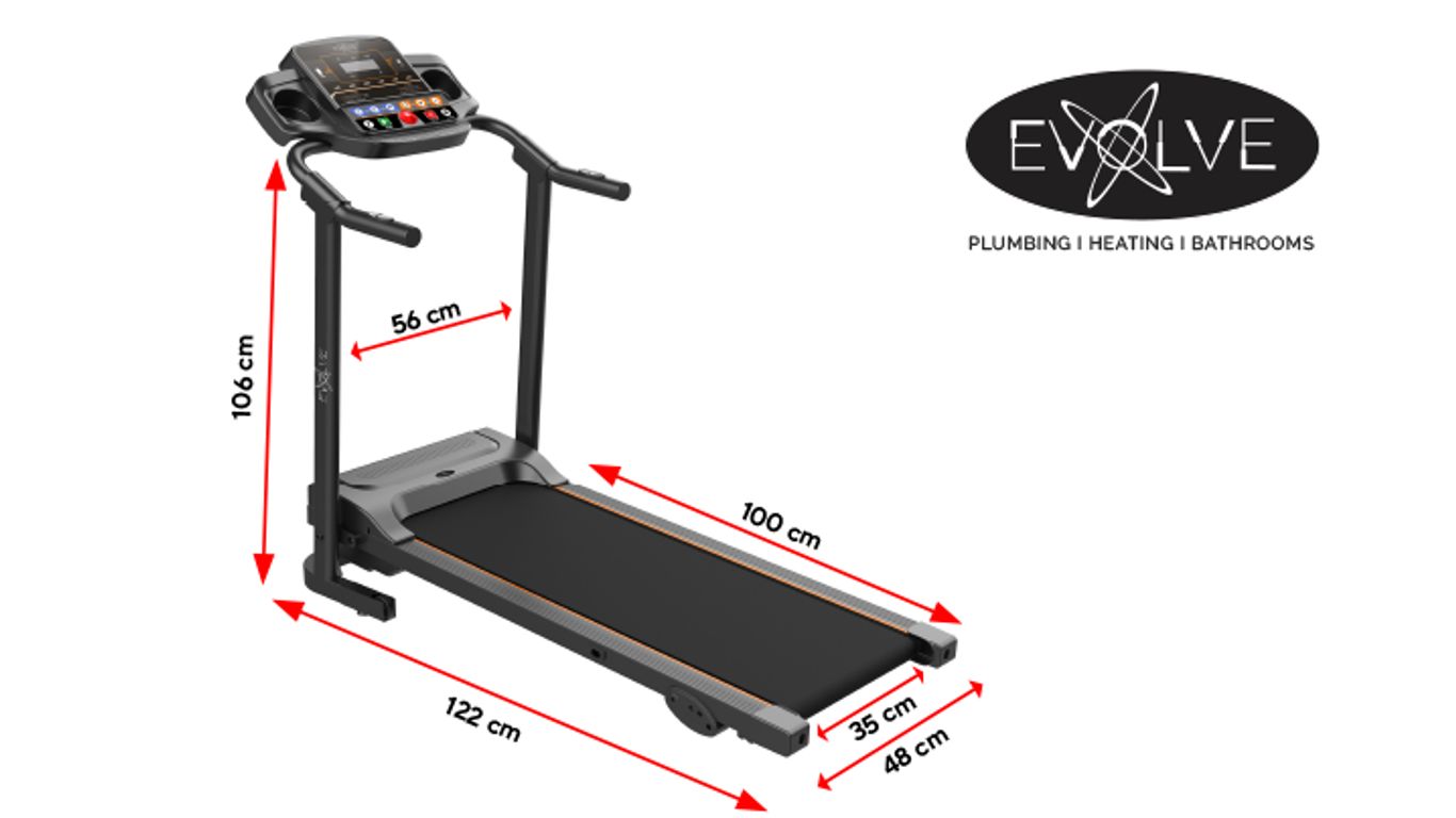 A treadmill with dimensions shown, and an Evolve logo.