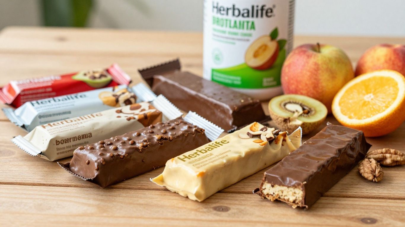 Assorted Herbalife protein bars with fresh fruits and nuts
