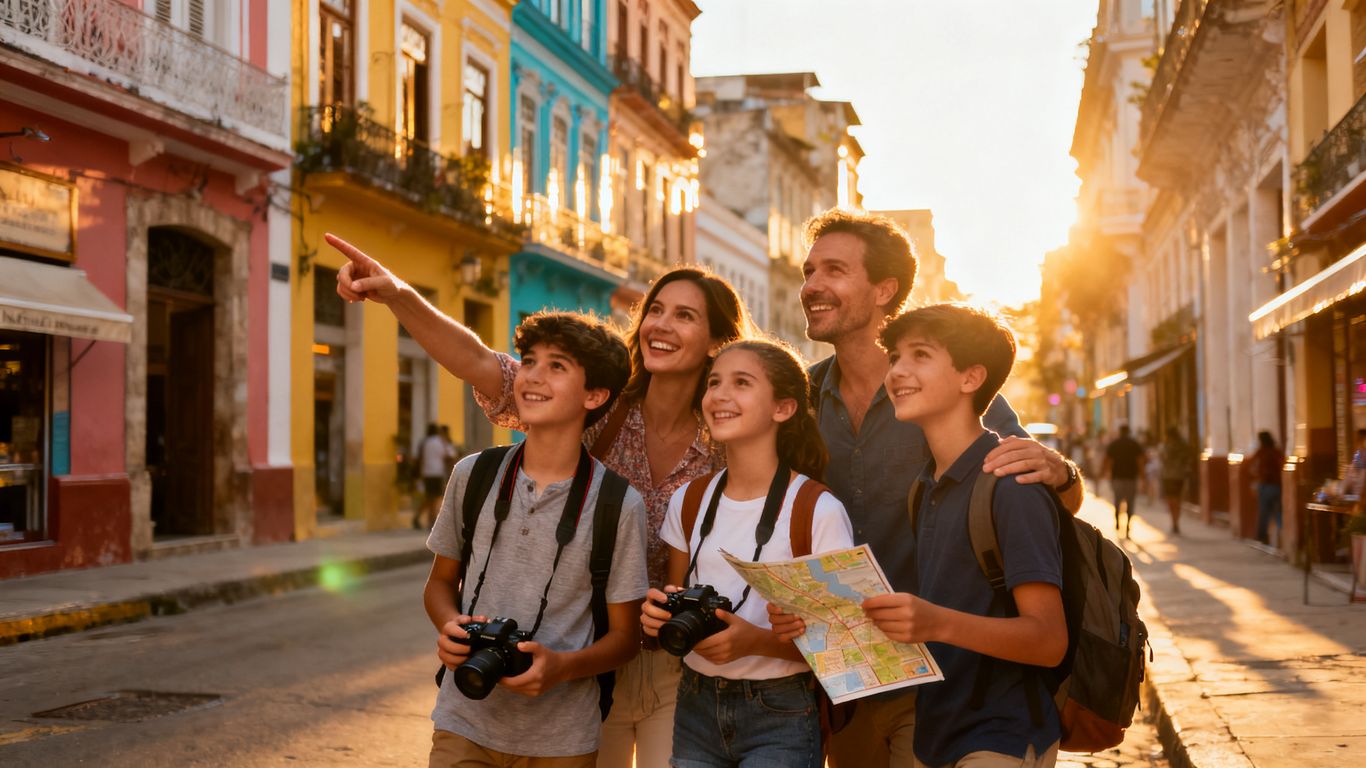 Family and teens happily exploring a city together.