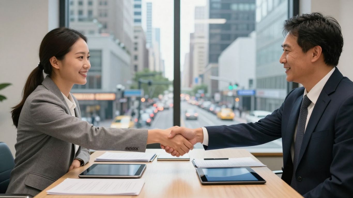 Professionals discussing financial options in a modern office
