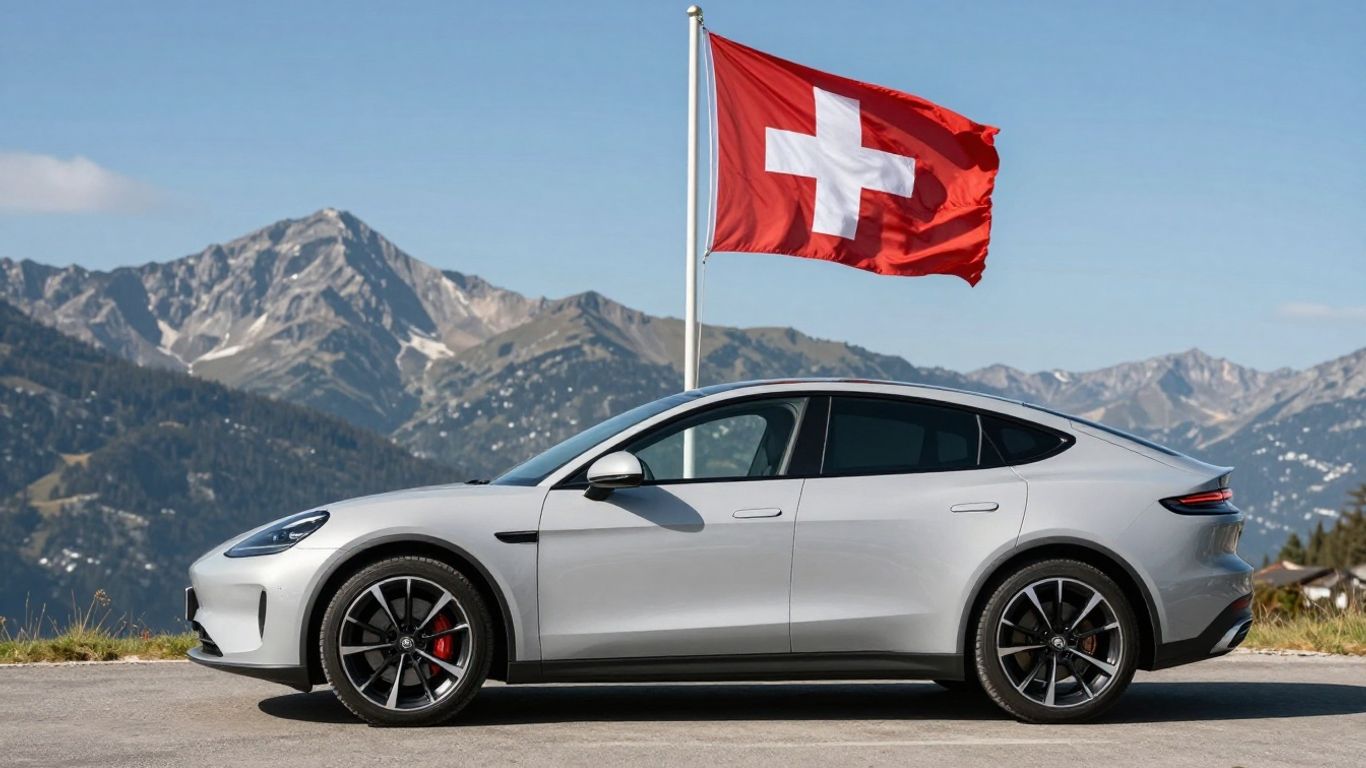 Autoimport Schweiz: Auto mit Schweizer Flagge und Bergen
