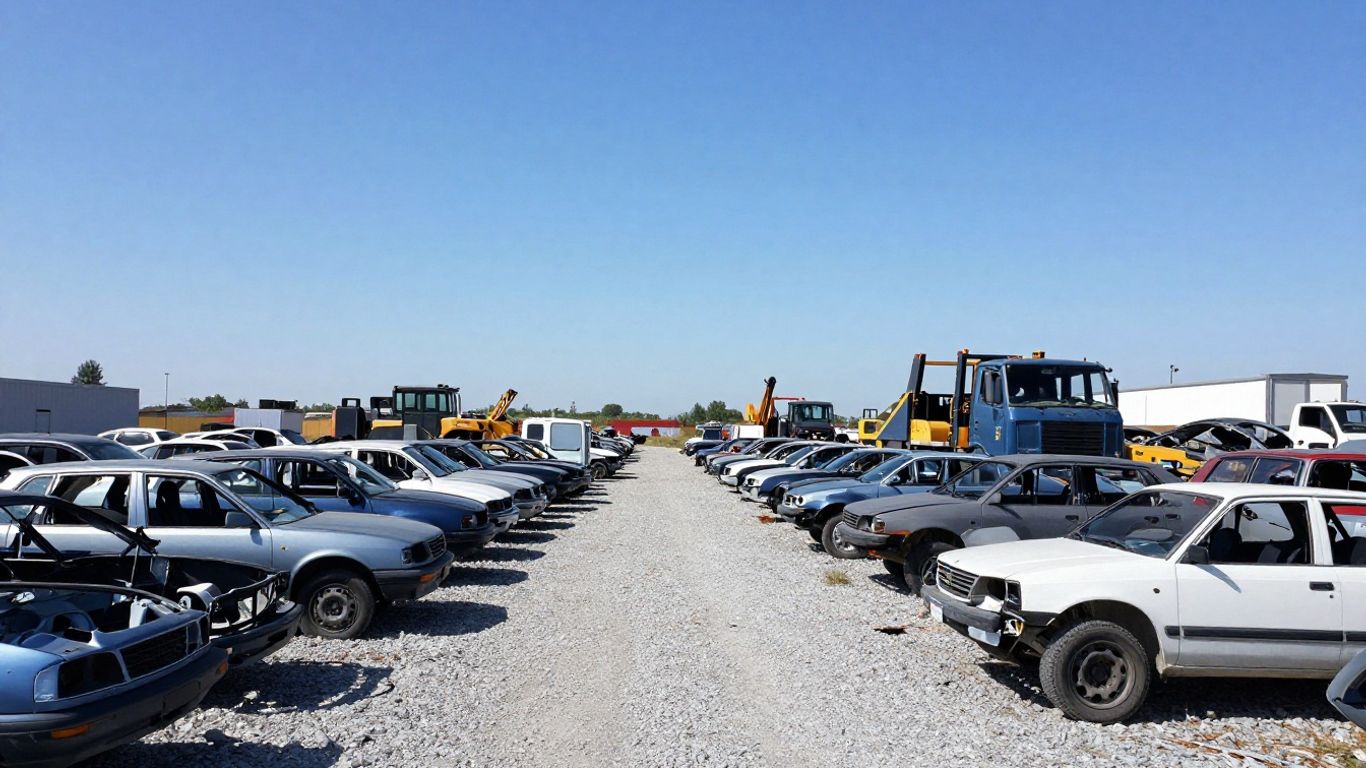 A metal recycling yard with rows of salvaged vehicle frames under bright sunlight