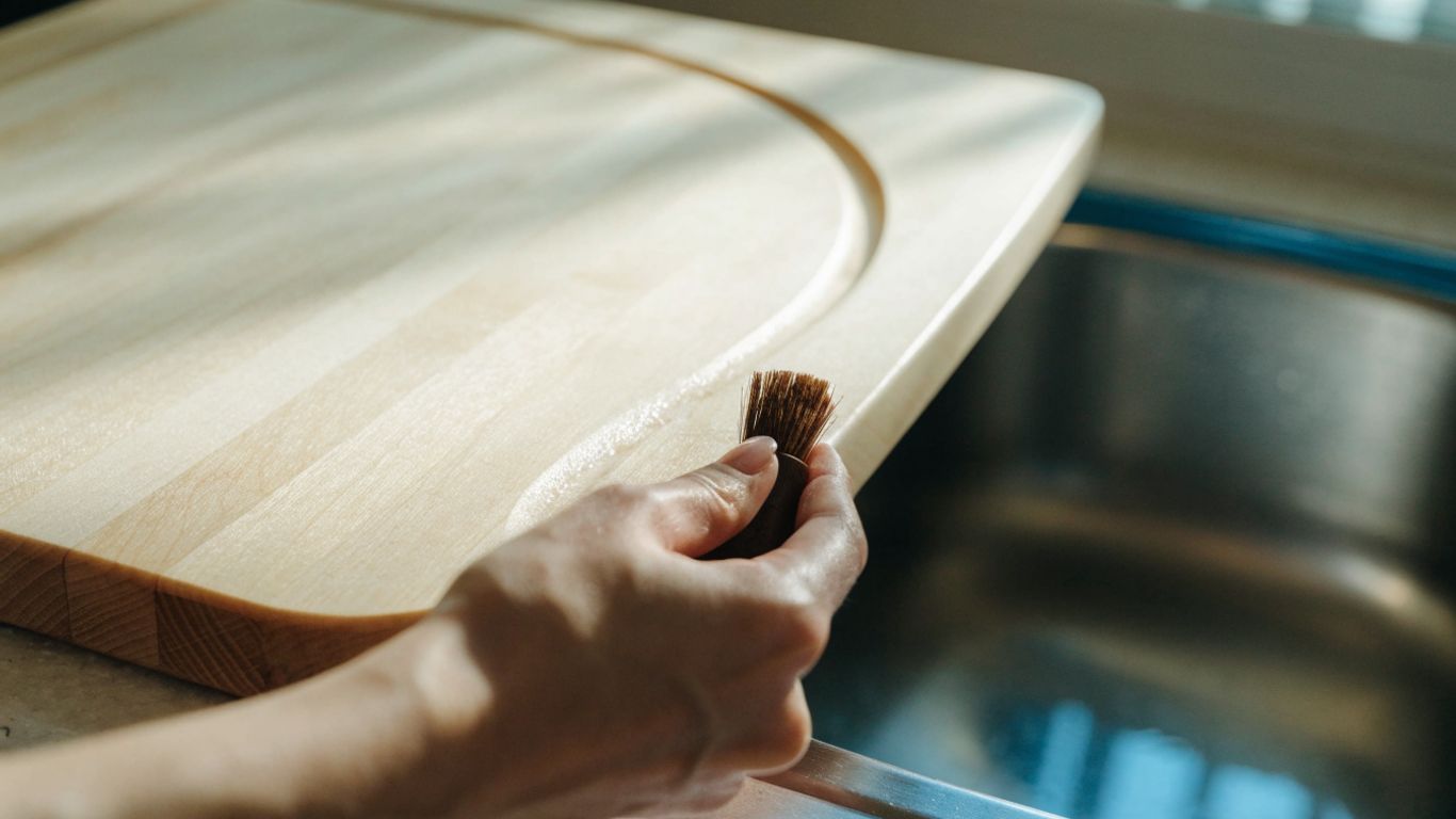 Soft brush cleaning a maple board groove