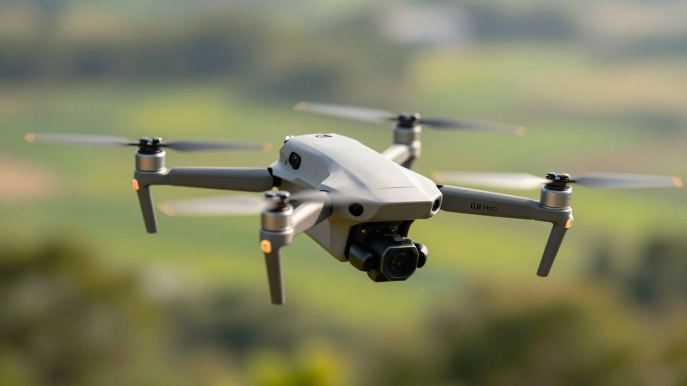 DJI Neo 2 drone in flight over a landscape.