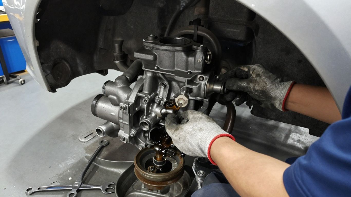 Mechanic inspecting a leaking water pump