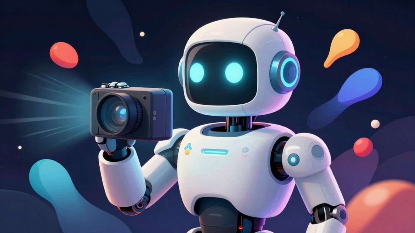 AI robot creating video with glowing camera.