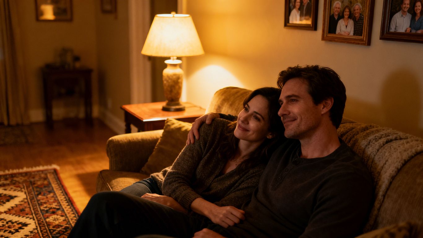 Couple relaxing together on a couch.