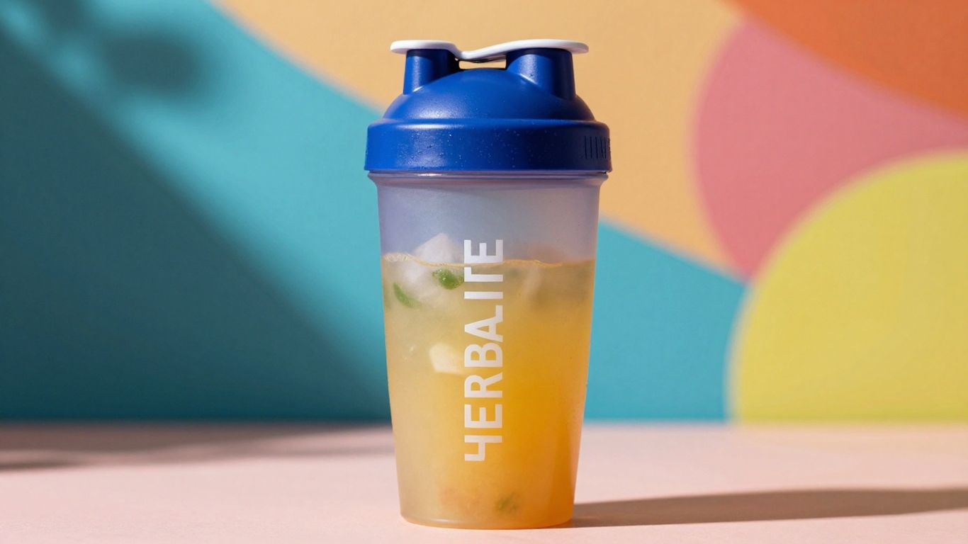 Herbalife shaker cup with a colorful nutritional shake.