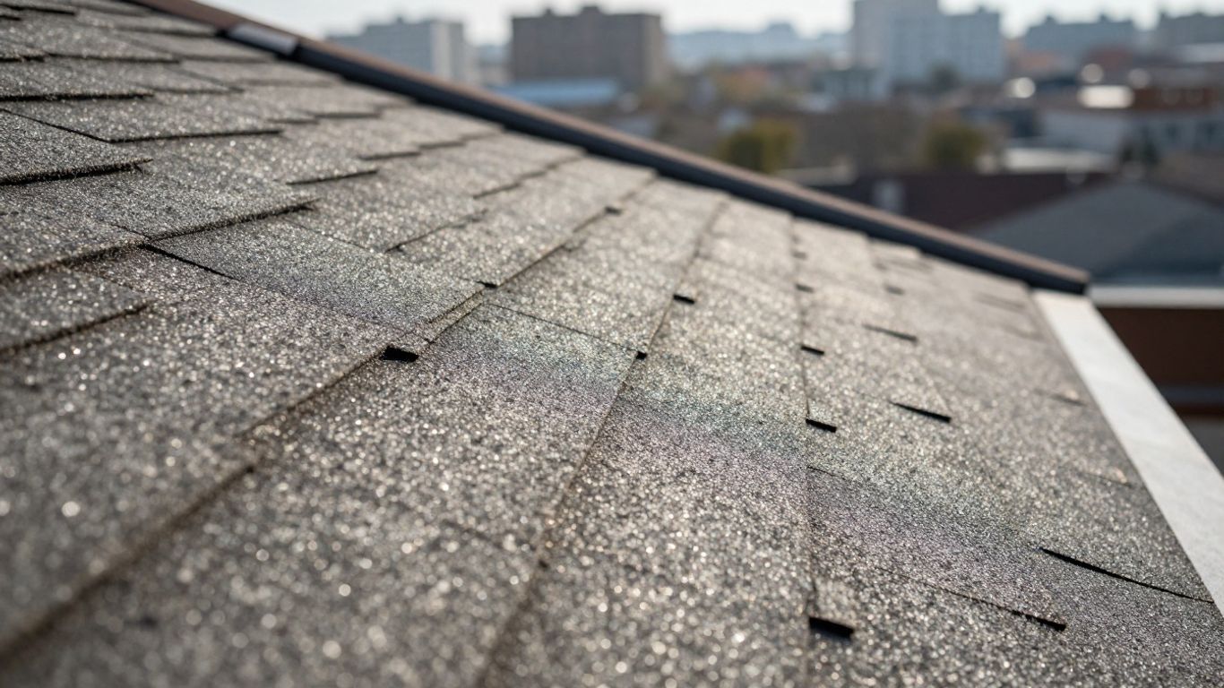 Roof shingles with sunlight, urban background.
