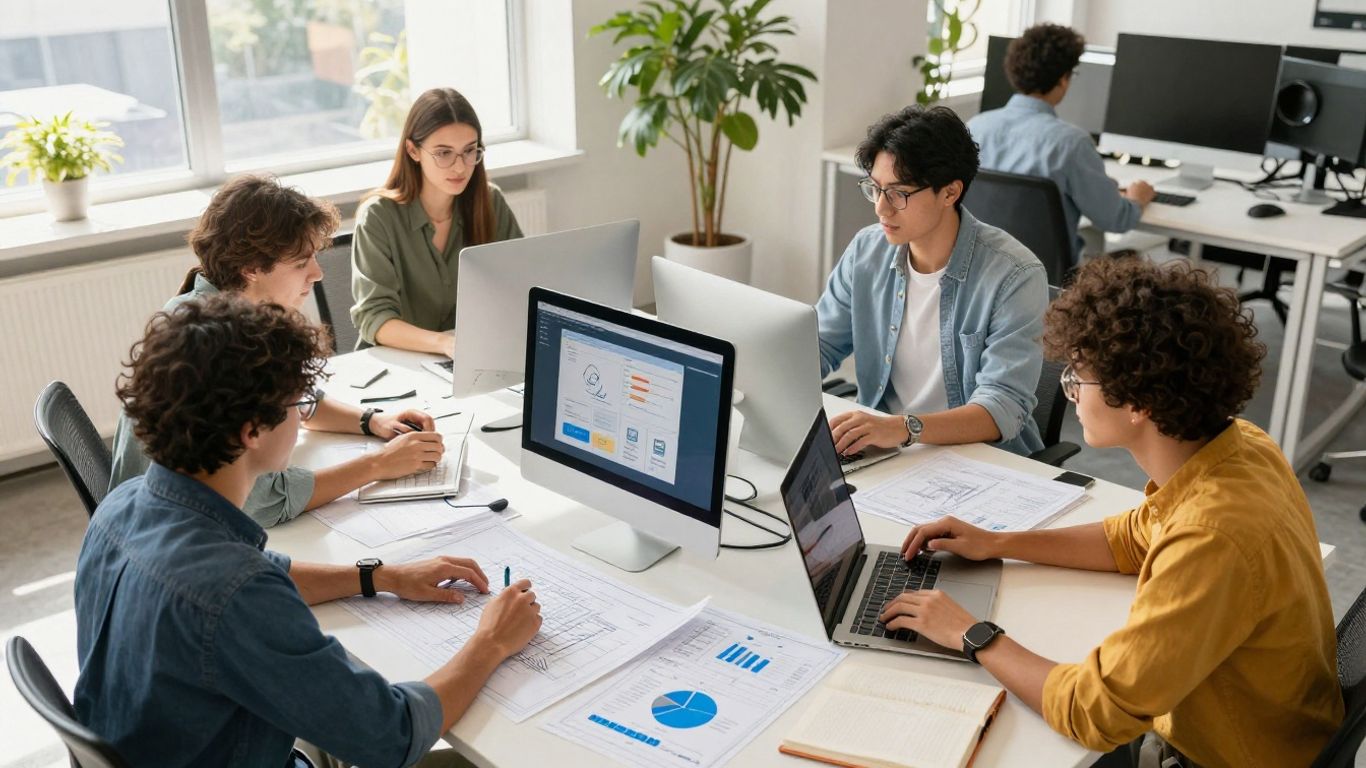 Team planning a web project in a modern office.