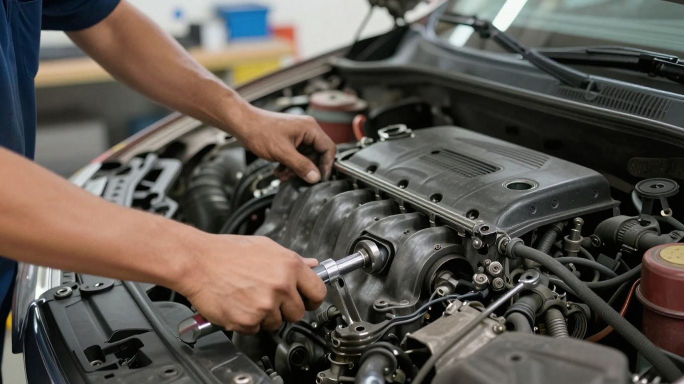 Mechanic removing engine from car for trade-in.