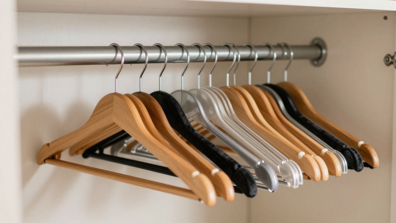 Closet with velvet, wood, and slim hangers.