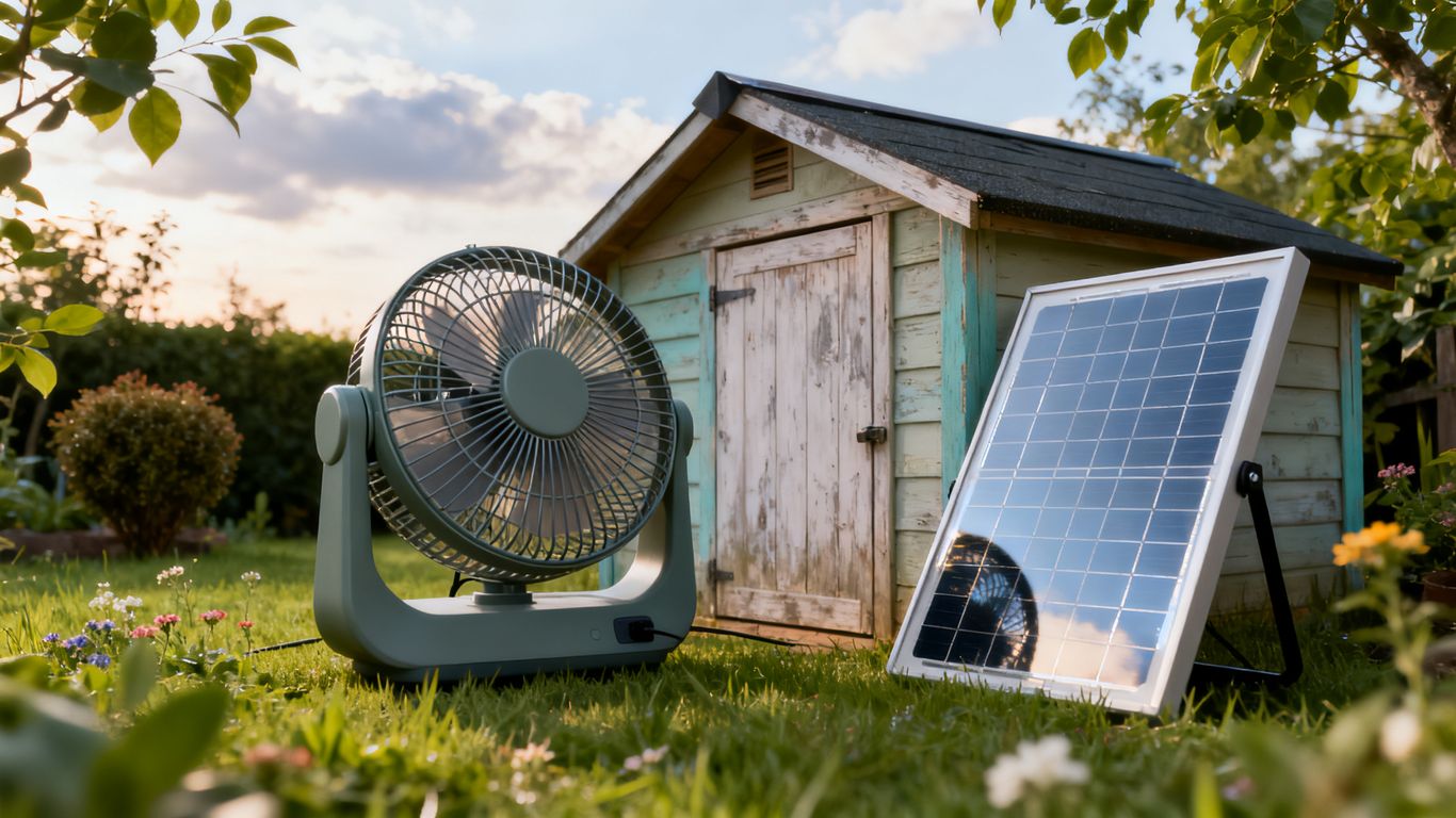 Ventilateur solaire et panneau près d’un abri