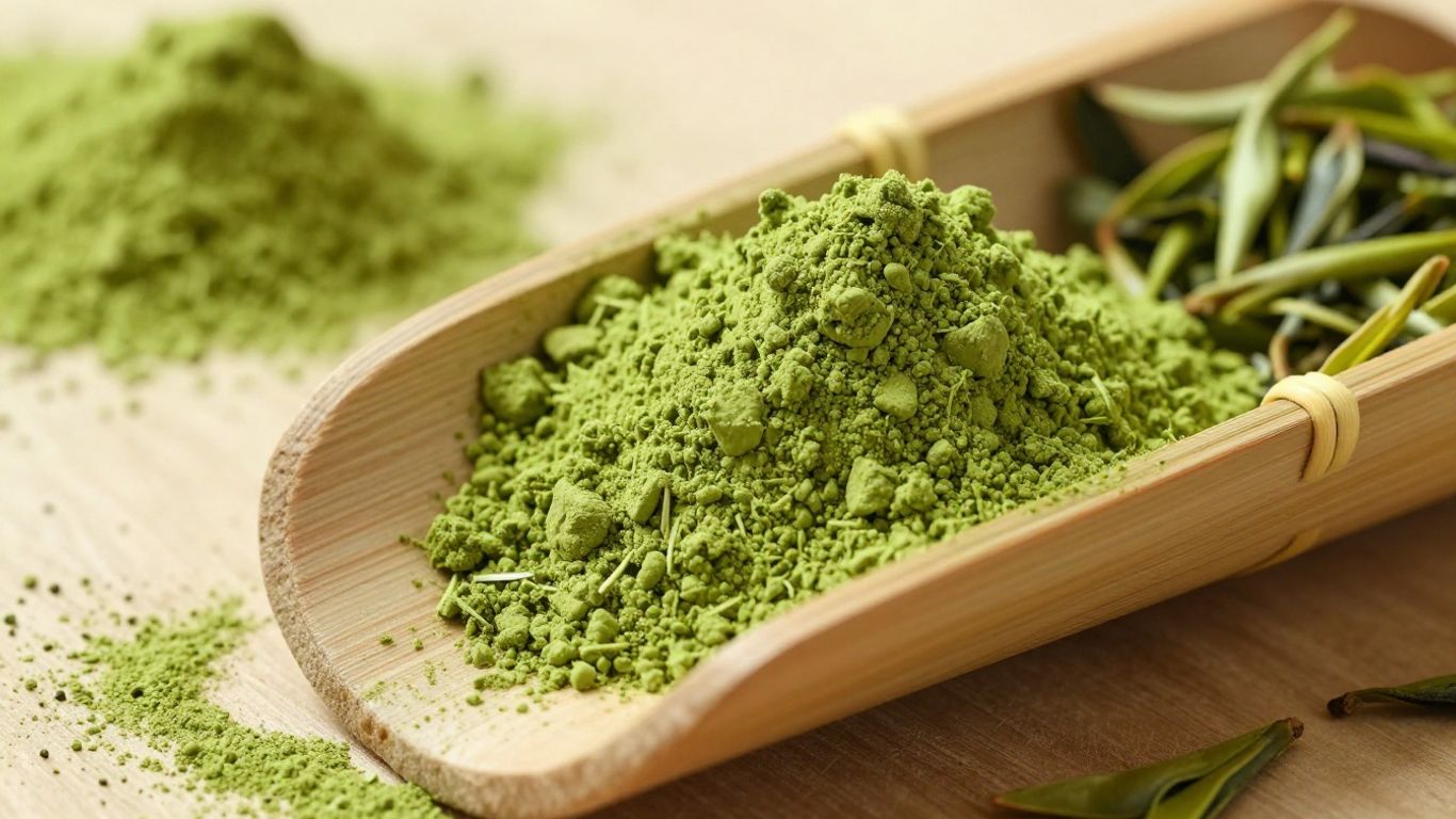 Vibrant green matcha powder in a bamboo scoop.