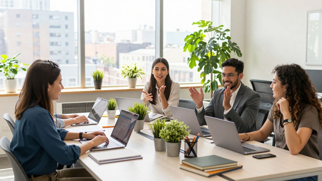 Entrepreneurs collaborating in a bright, modern office environment.