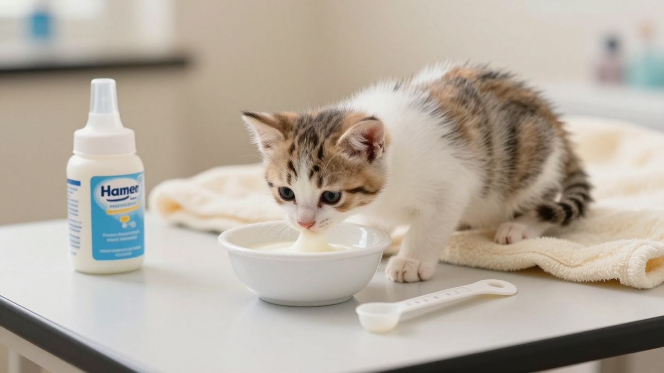 Fórmula maternizada junto a gatito pequeño